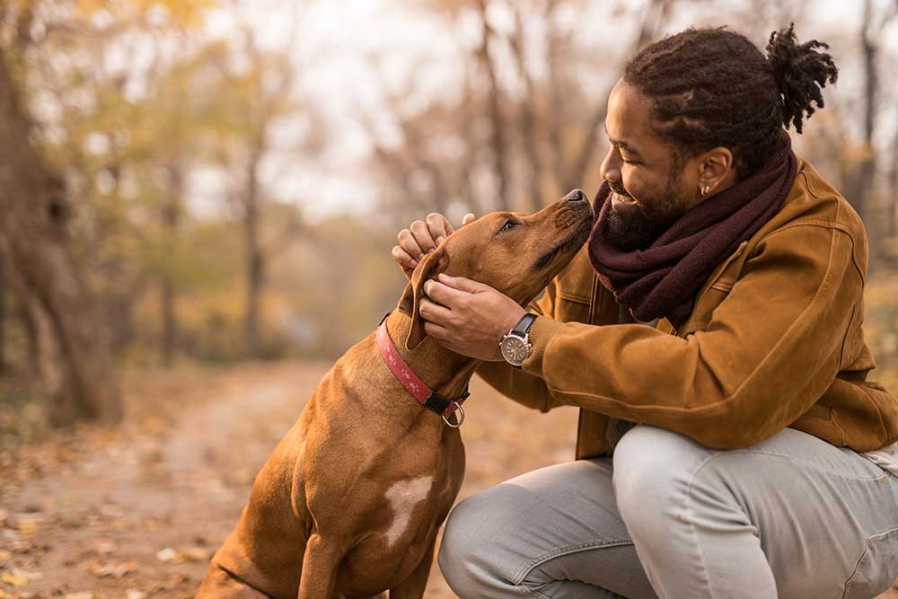 african american man cuddling with his dog in the park